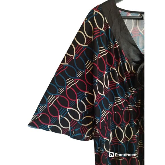 Bisou Bisou Red Blue Black Stretch V Neck Short Sleeve Satin Trim Tie Tunic XL - Picture 5 of 8